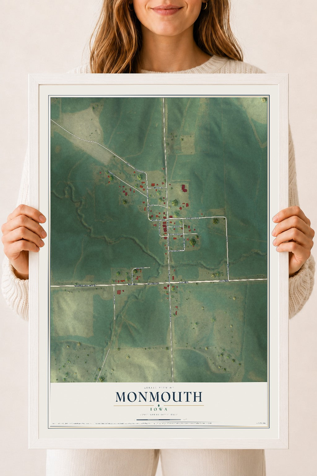 Map of Monmouth, Iowa, 18 x 24 inch print in a white wood frame