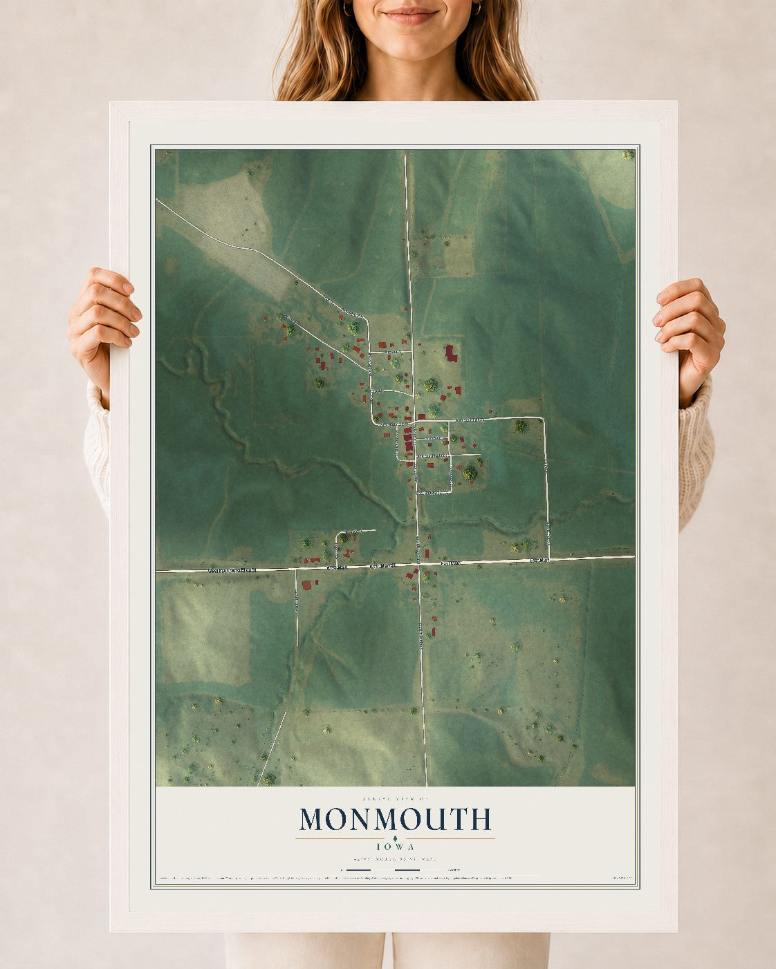 Map of Monmouth, Iowa, 24 x 36 inch print in a white wood frame