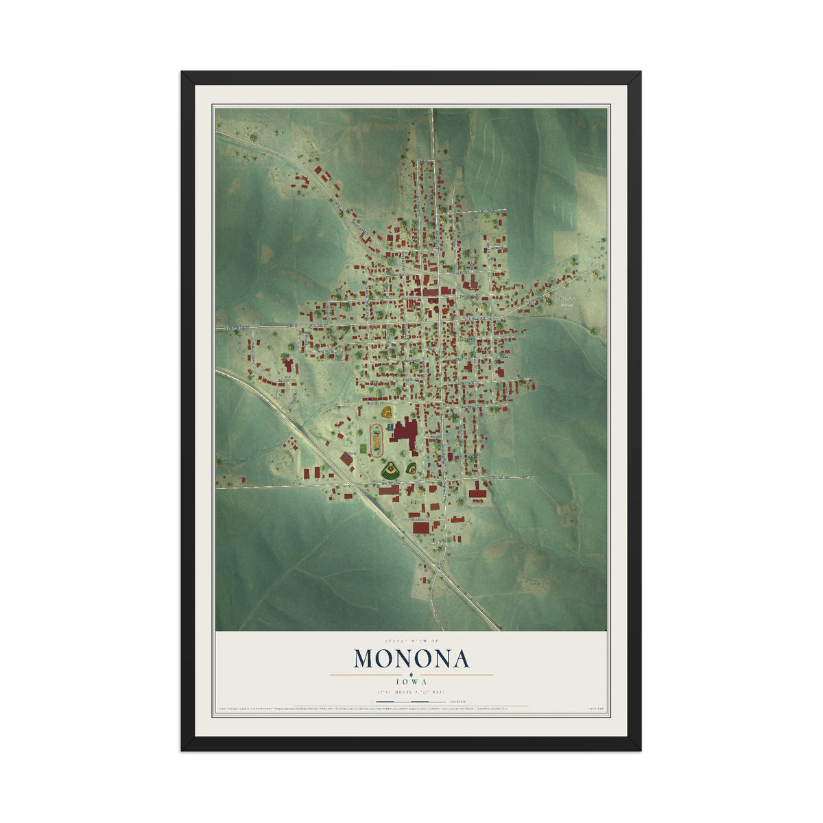 Map of Monona, Iowa, 12 x 18 inch print in a black wood frame