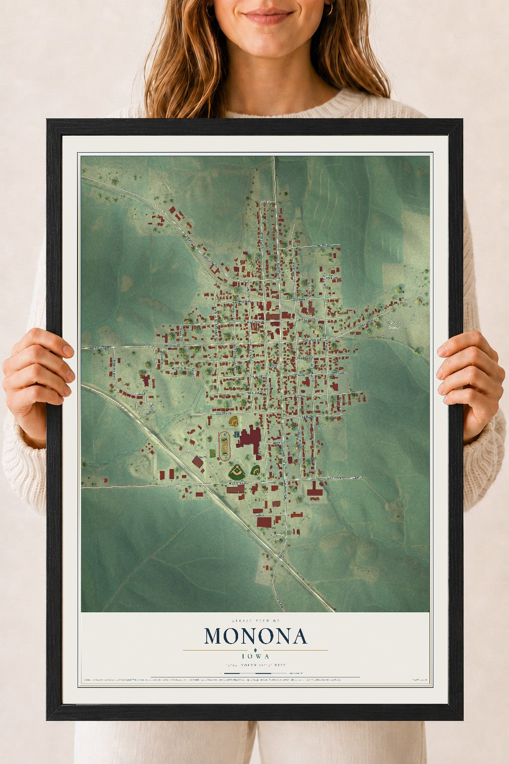 Map of Monona, Iowa, 18 x 24 inch print in a black wood frame
