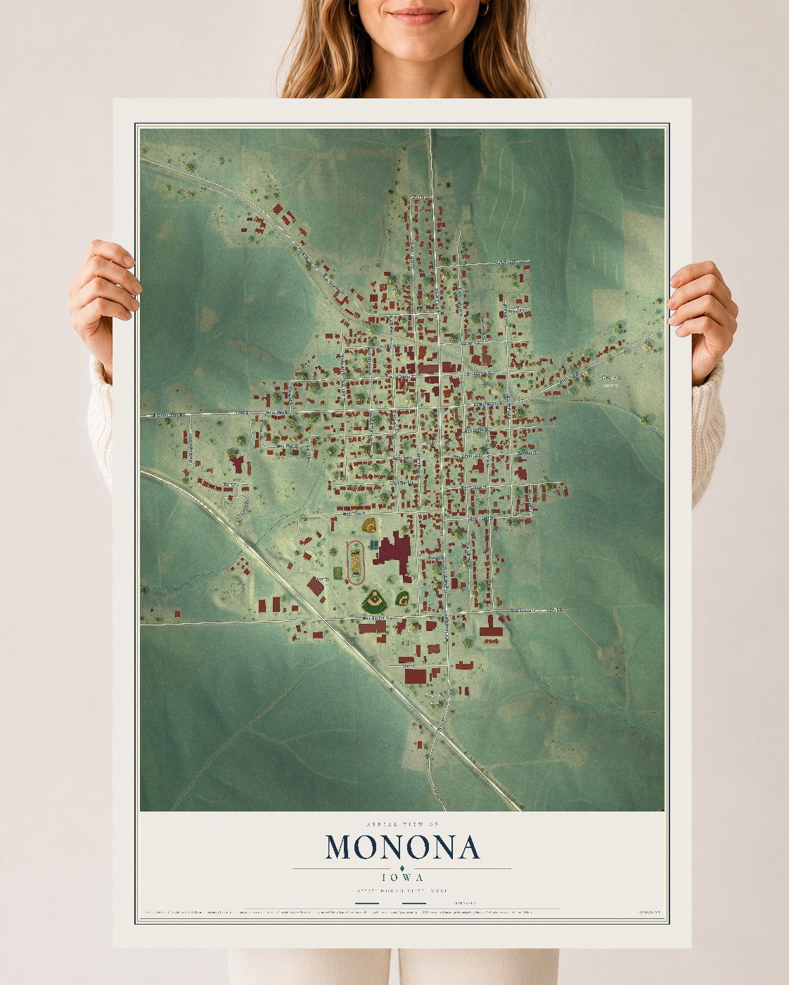 Map of Monona, Iowa, 24 x 36 inch unframed archival matte print