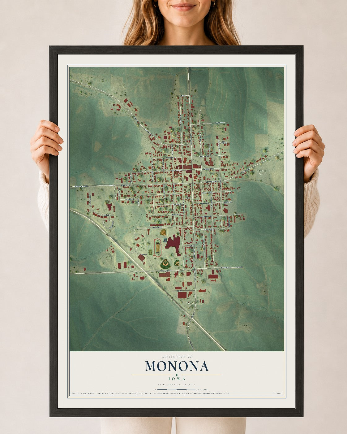Map of Monona, Iowa, 24 x 36 inch print in a black wood frame