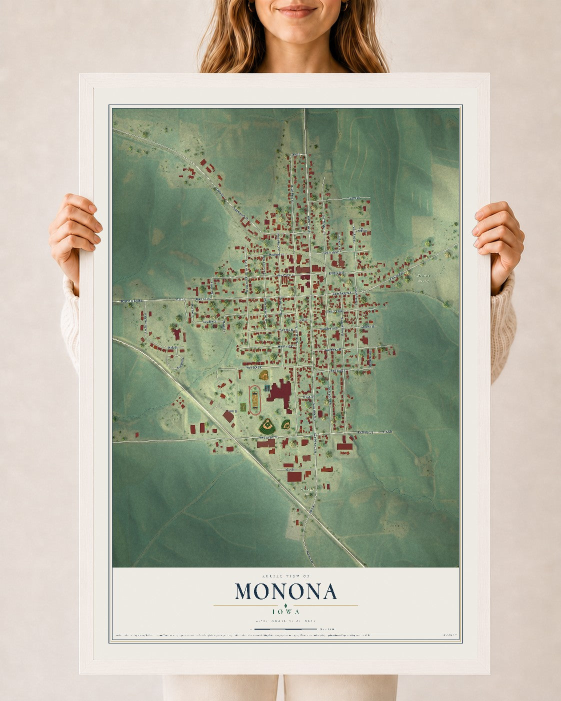 Map of Monona, Iowa, 24 x 36 inch print in a white wood frame