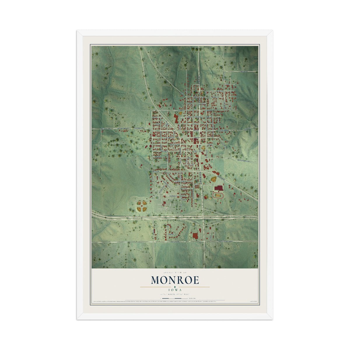 Map of Monroe, Iowa, 12 x 18 inch print in a white wood frame