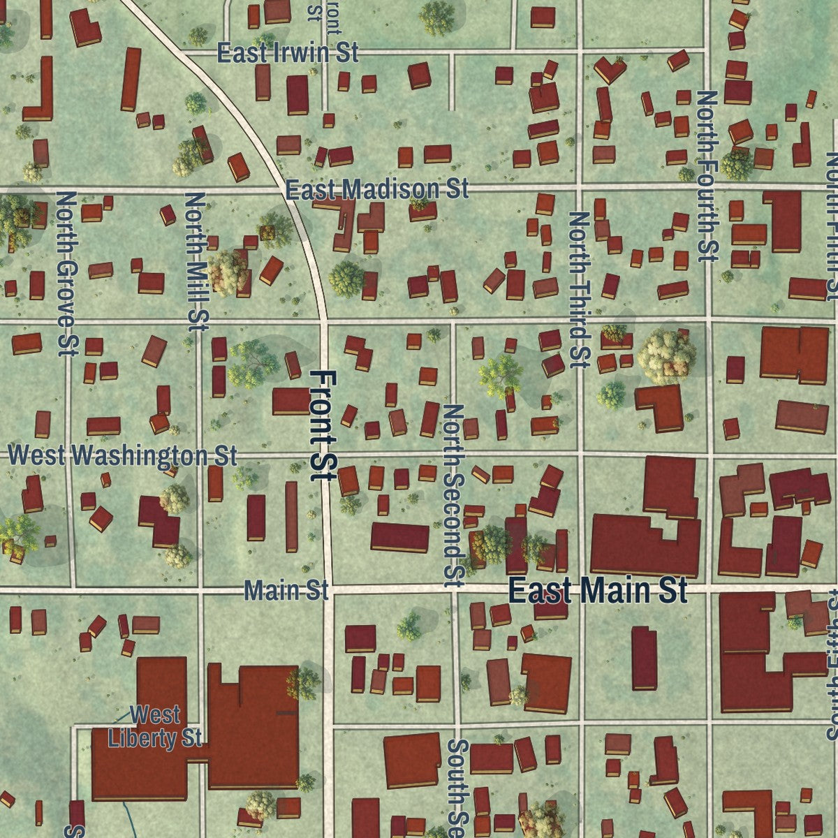Close-up of the map of Montezuma, Iowa print showing street and building detail