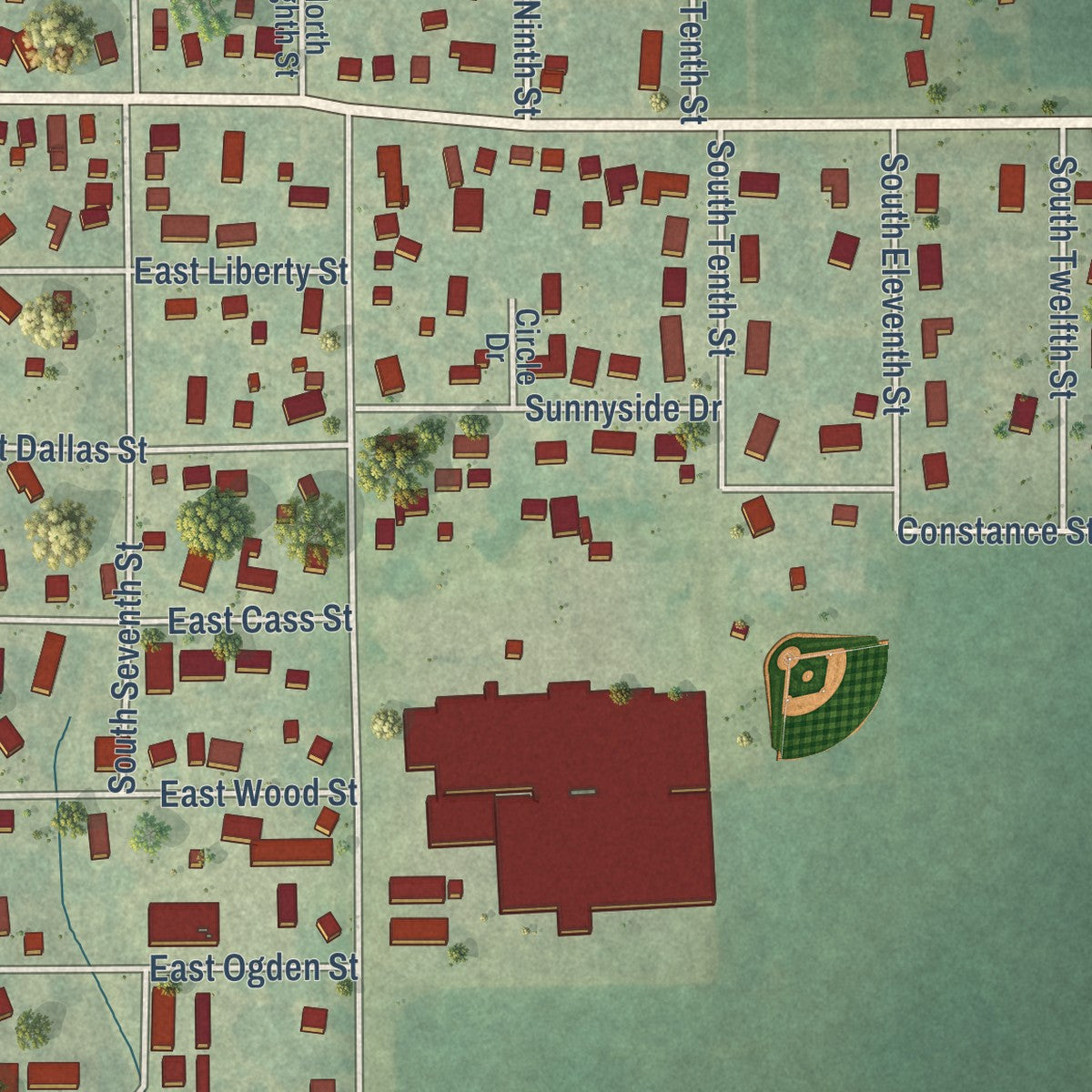 Second close-up of the map of Montezuma, Iowa print showing more streets and buildings