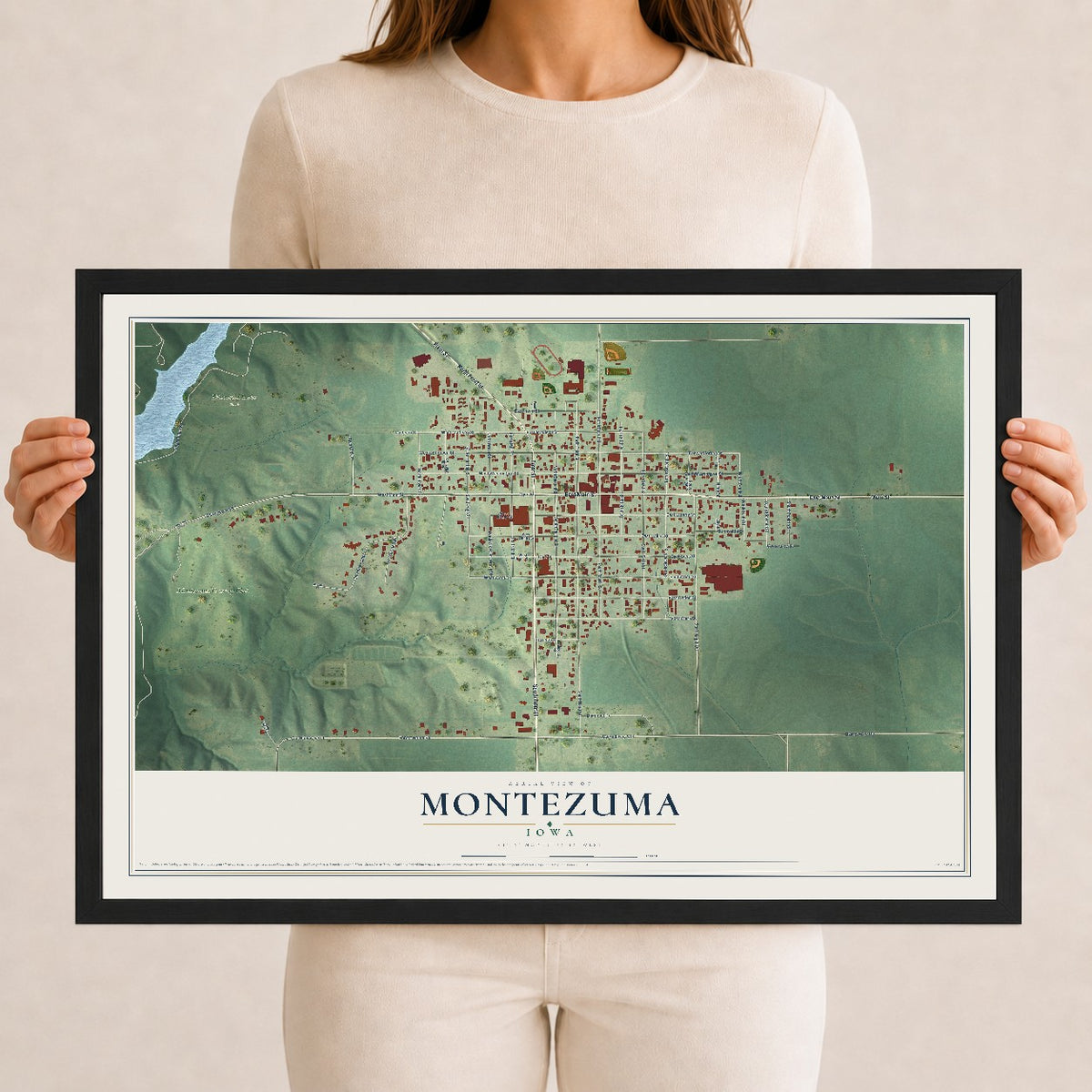Map of Montezuma, Iowa, 12 x 18 inch print in a black wood frame