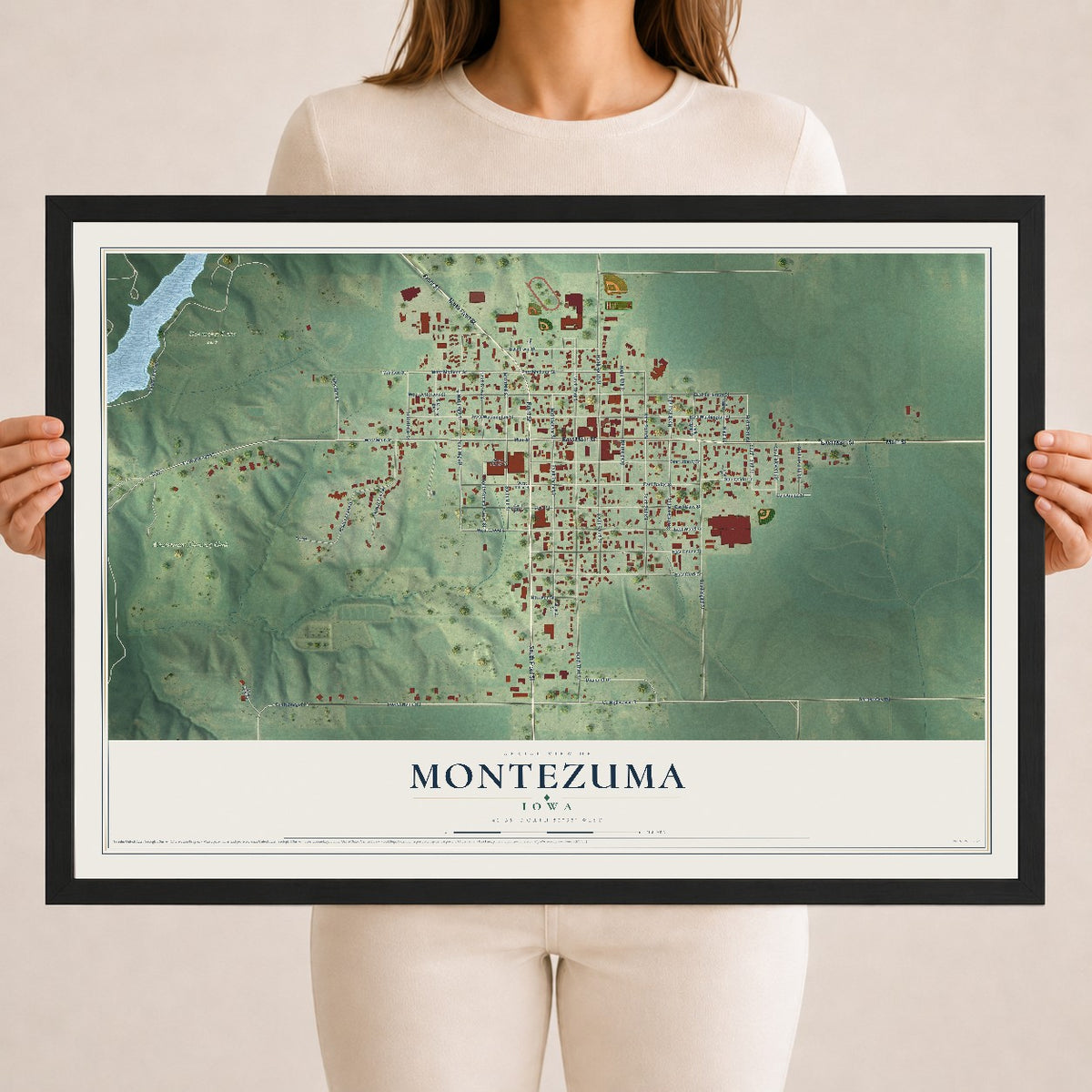 Map of Montezuma, Iowa, 18 x 24 inch print in a black wood frame