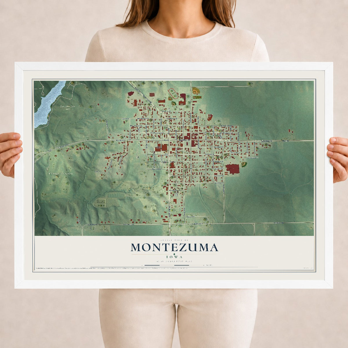 Map of Montezuma, Iowa, 18 x 24 inch print in a white wood frame