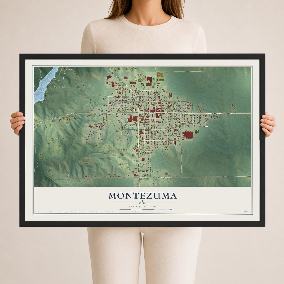 Map of Montezuma, Iowa, 24 x 36 inch print in a black wood frame