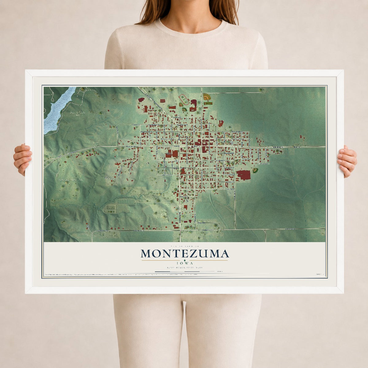 Map of Montezuma, Iowa, 24 x 36 inch print in a white wood frame