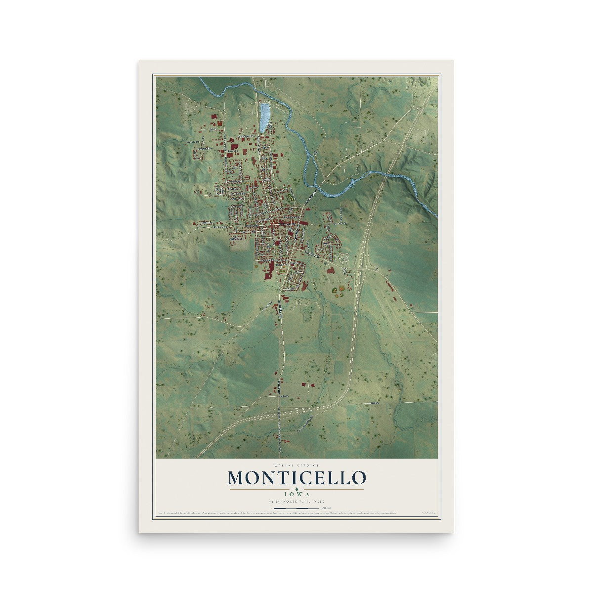 Map of Monticello, Iowa, 12 x 18 inch unframed archival matte print