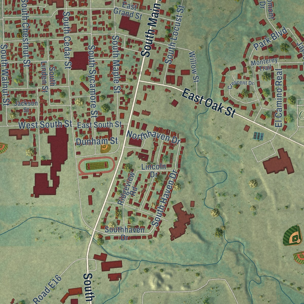 Second close-up of the map of Monticello, Iowa print showing more streets and buildings