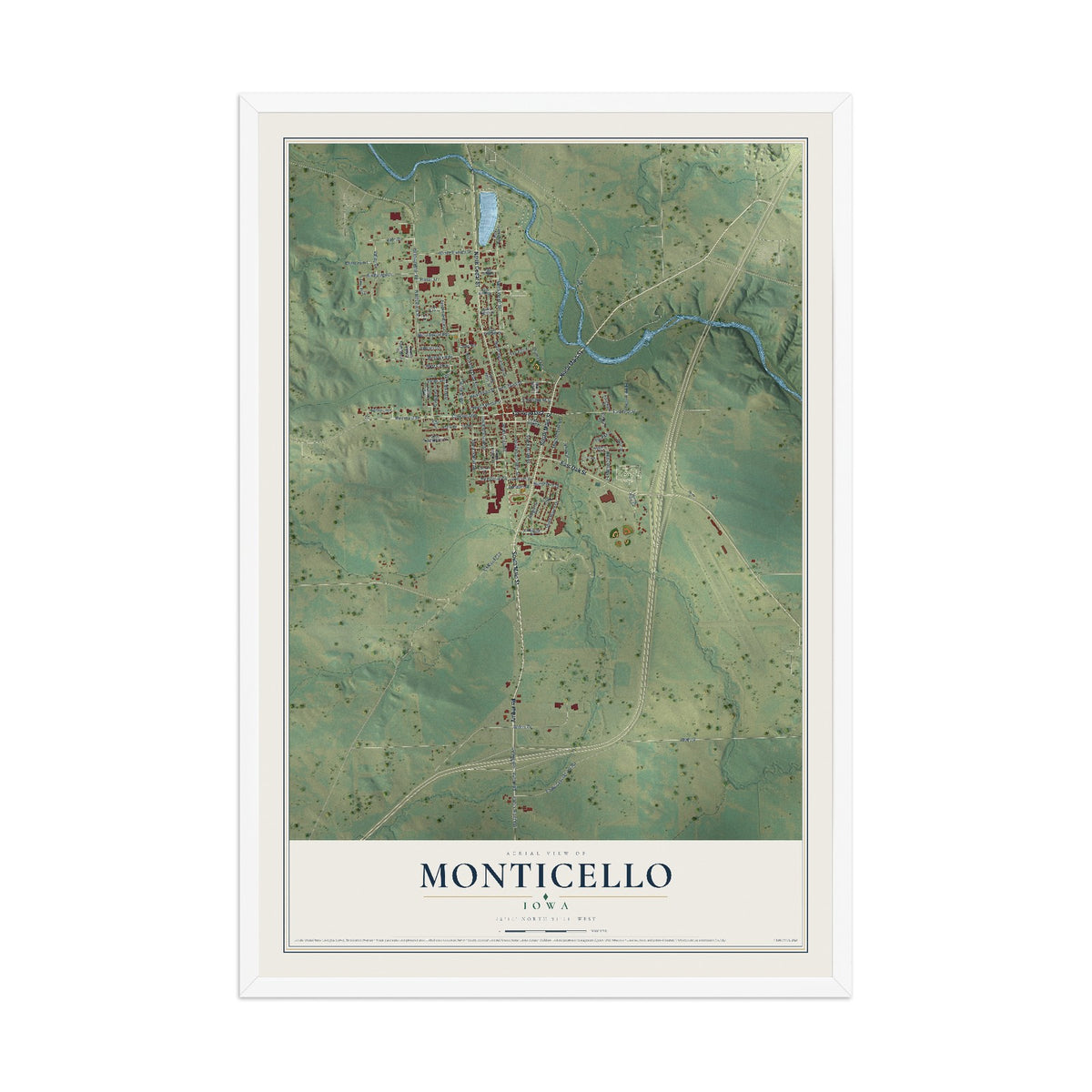Map of Monticello, Iowa, 12 x 18 inch print in a white wood frame