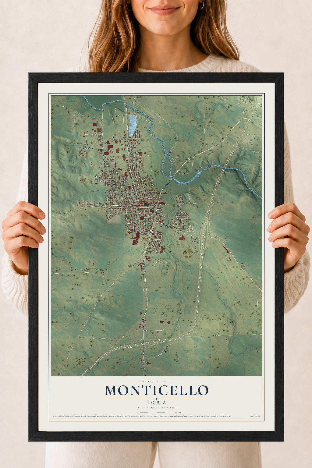 Map of Monticello, Iowa, 18 x 24 inch print in a black wood frame