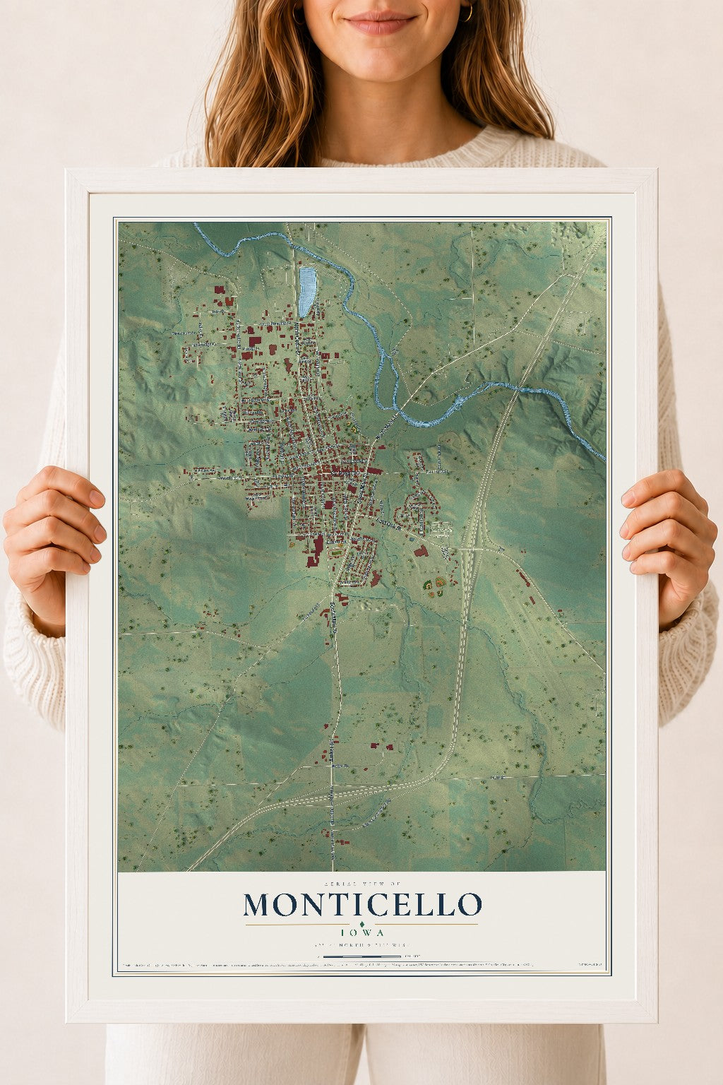 Map of Monticello, Iowa, 18 x 24 inch print in a white wood frame