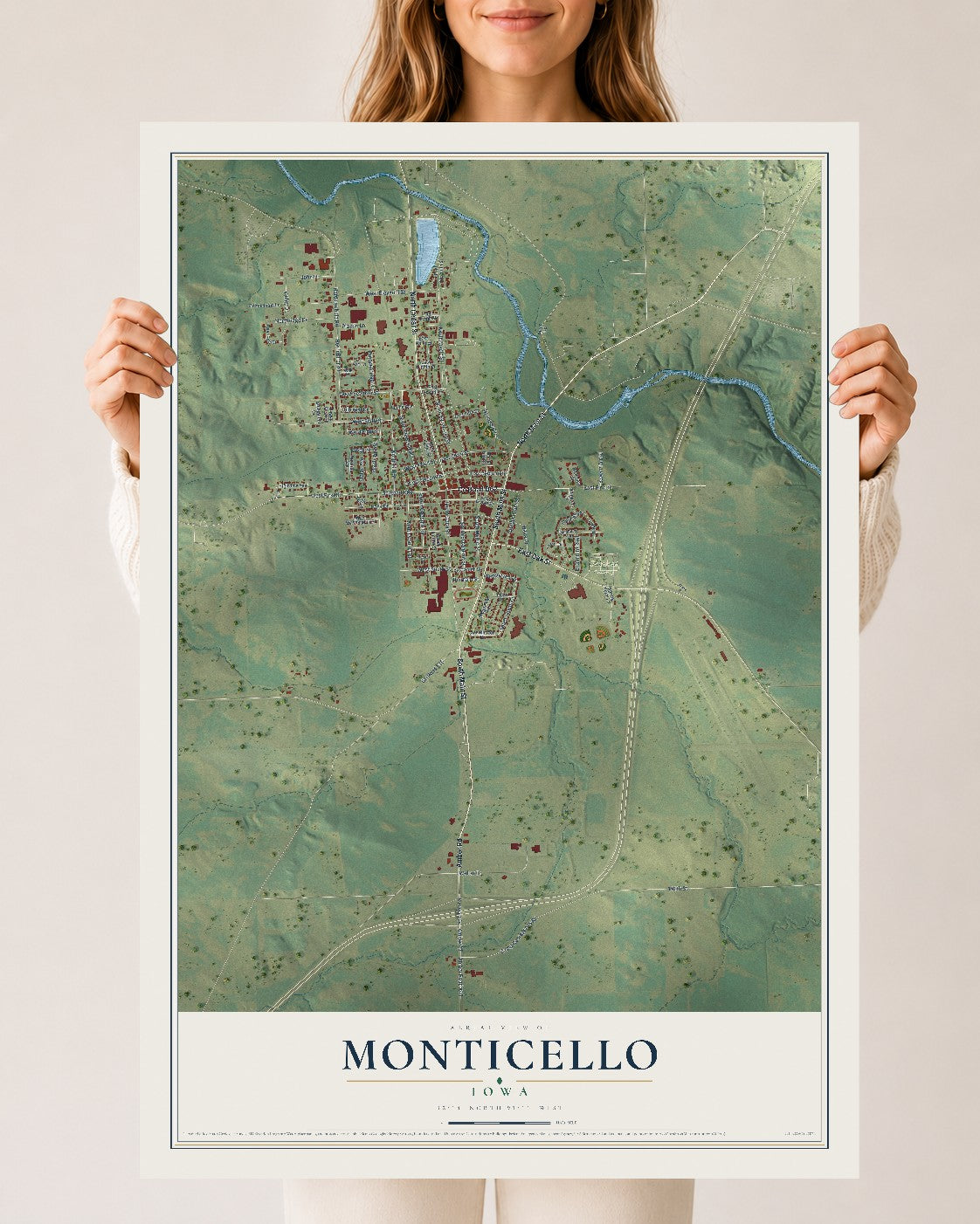 Map of Monticello, Iowa, 24 x 36 inch unframed archival matte print