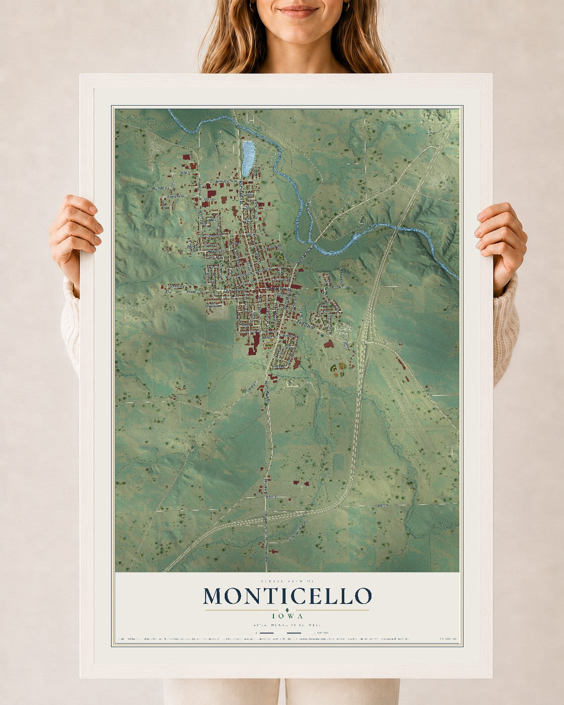 Map of Monticello, Iowa, 24 x 36 inch print in a white wood frame