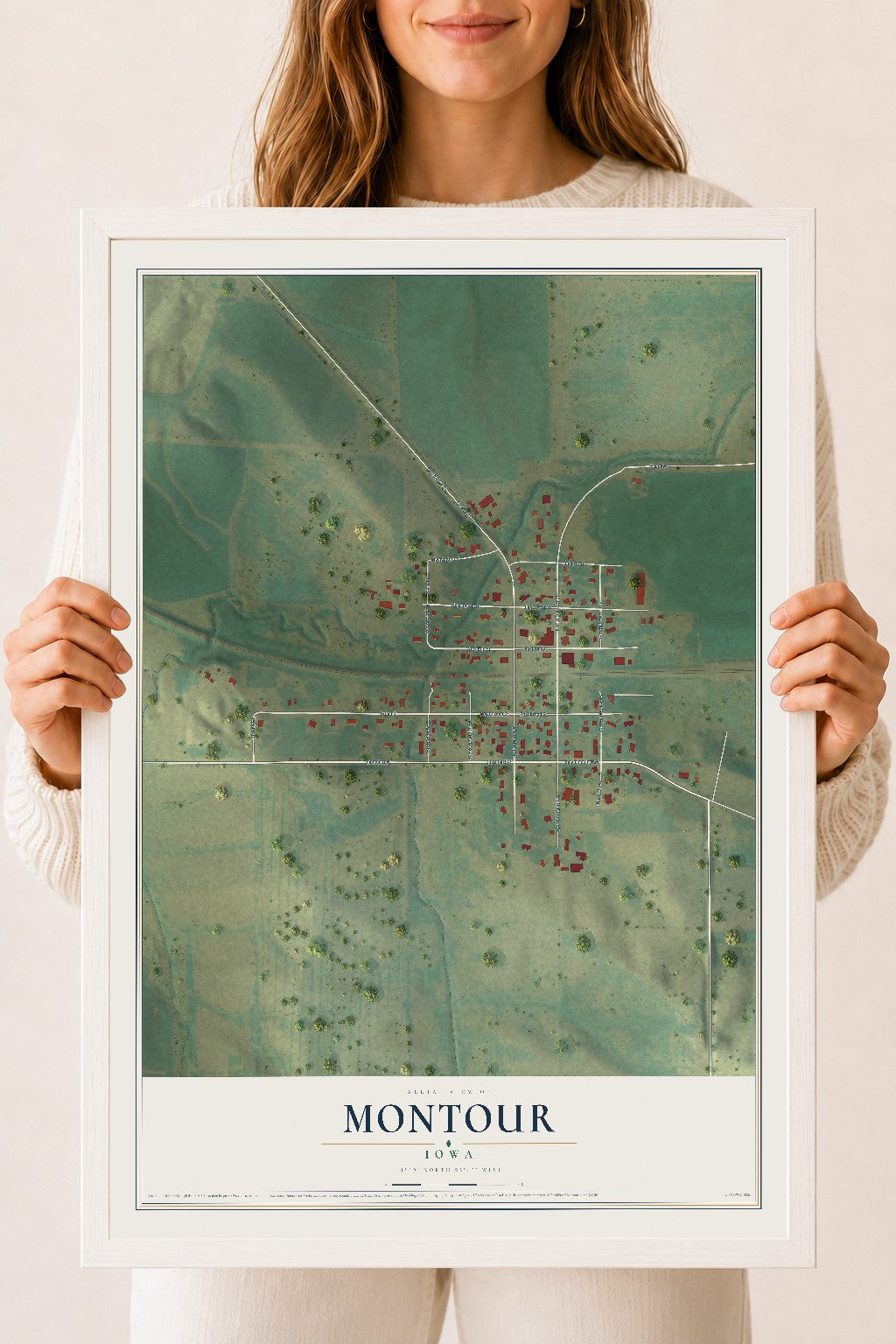 Map of Montour, Iowa, 18 x 24 inch print in a white wood frame
