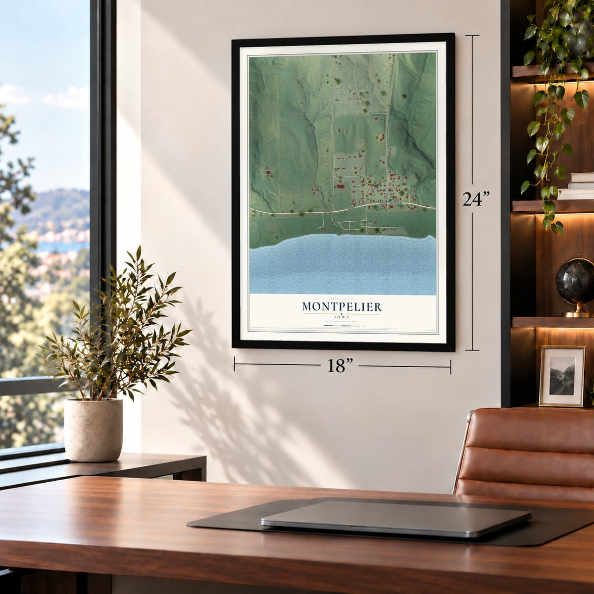 Montpelier, Iowa map, 18 x 24 inch print in a black frame in a home office