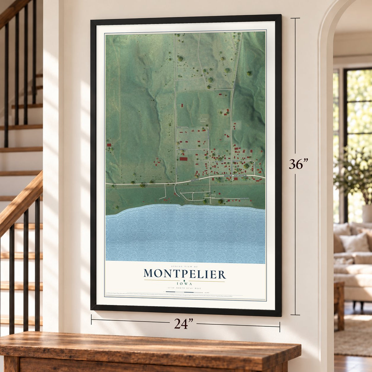 Montpelier, Iowa map, 24 x 36 inch print in a black frame by a staircase