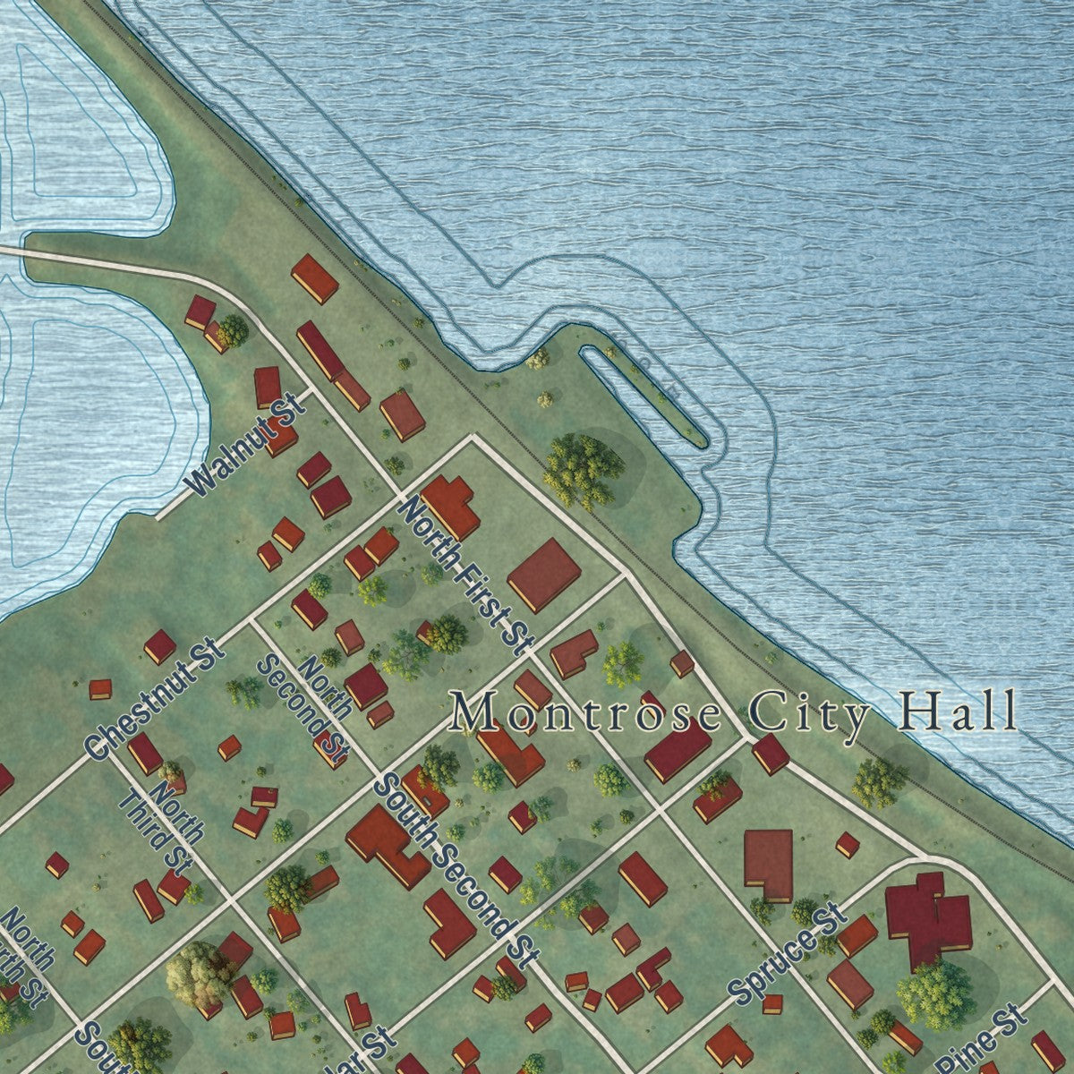 Close-up of the map of Montrose, Iowa print showing street and building detail
