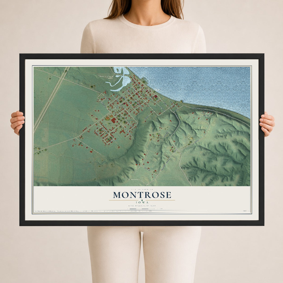Map of Montrose, Iowa, 24 x 36 inch print in a black wood frame