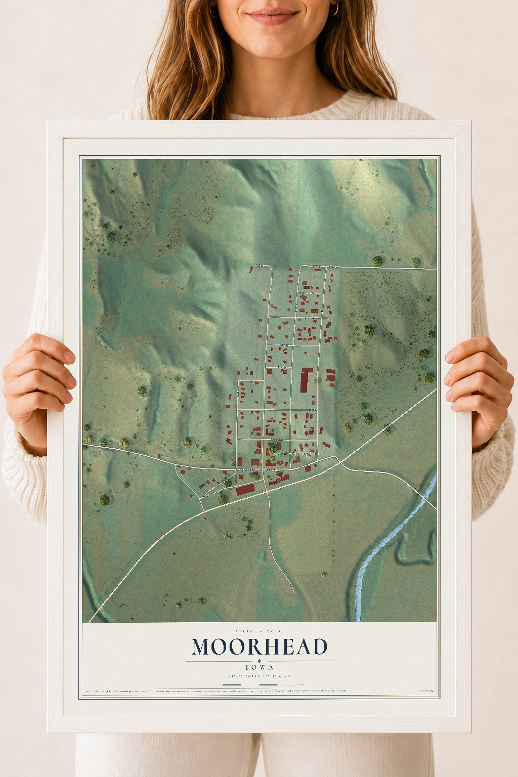 Map of Moorhead, Iowa, 18 x 24 inch print in a white wood frame