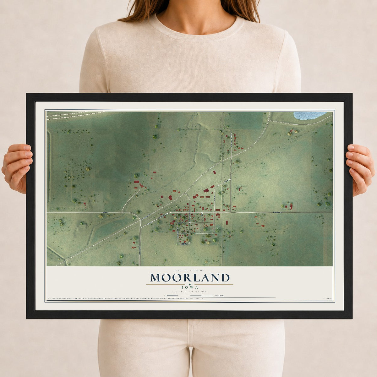 Map of Moorland, Iowa, 12 x 18 inch print in a black wood frame