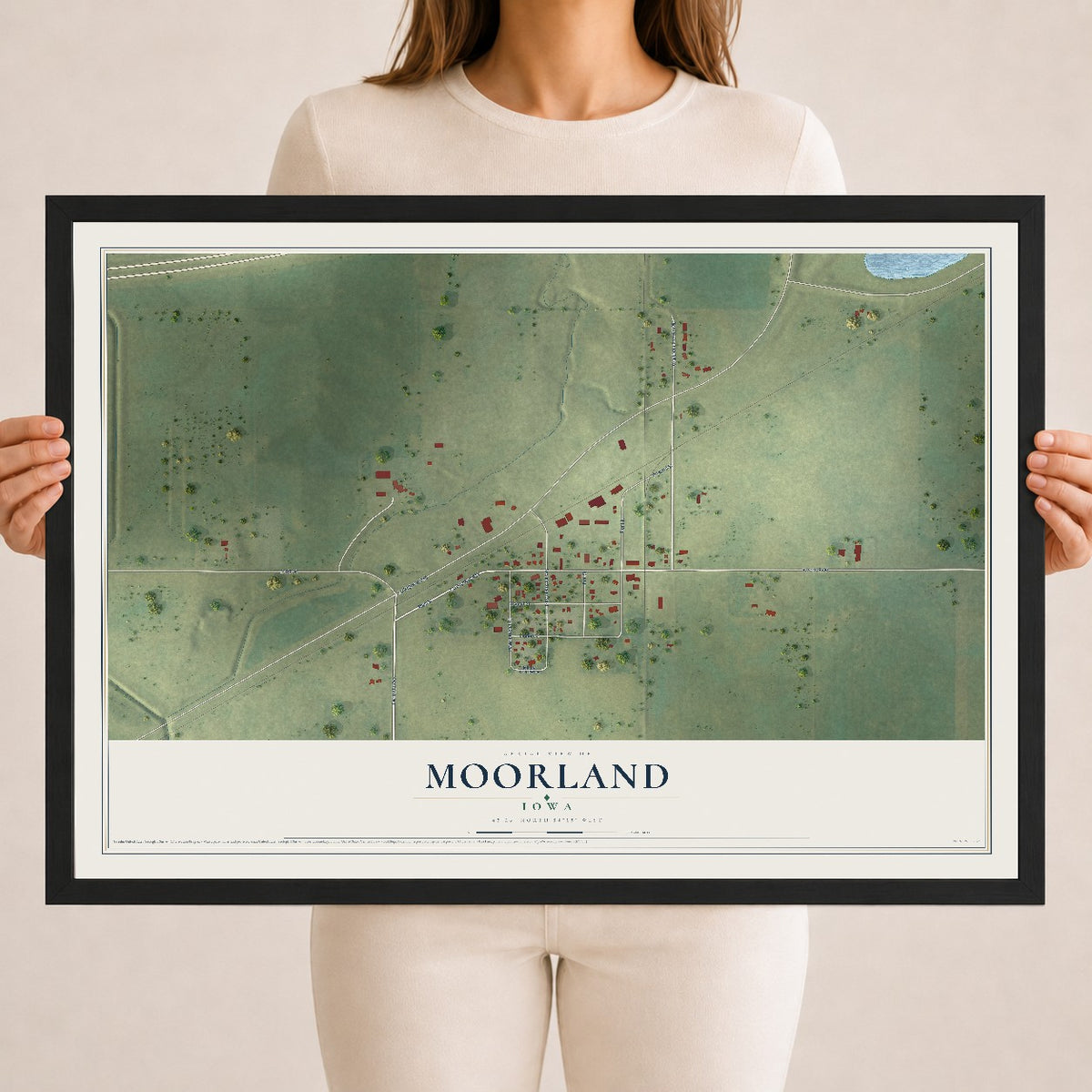 Map of Moorland, Iowa, 18 x 24 inch print in a black wood frame