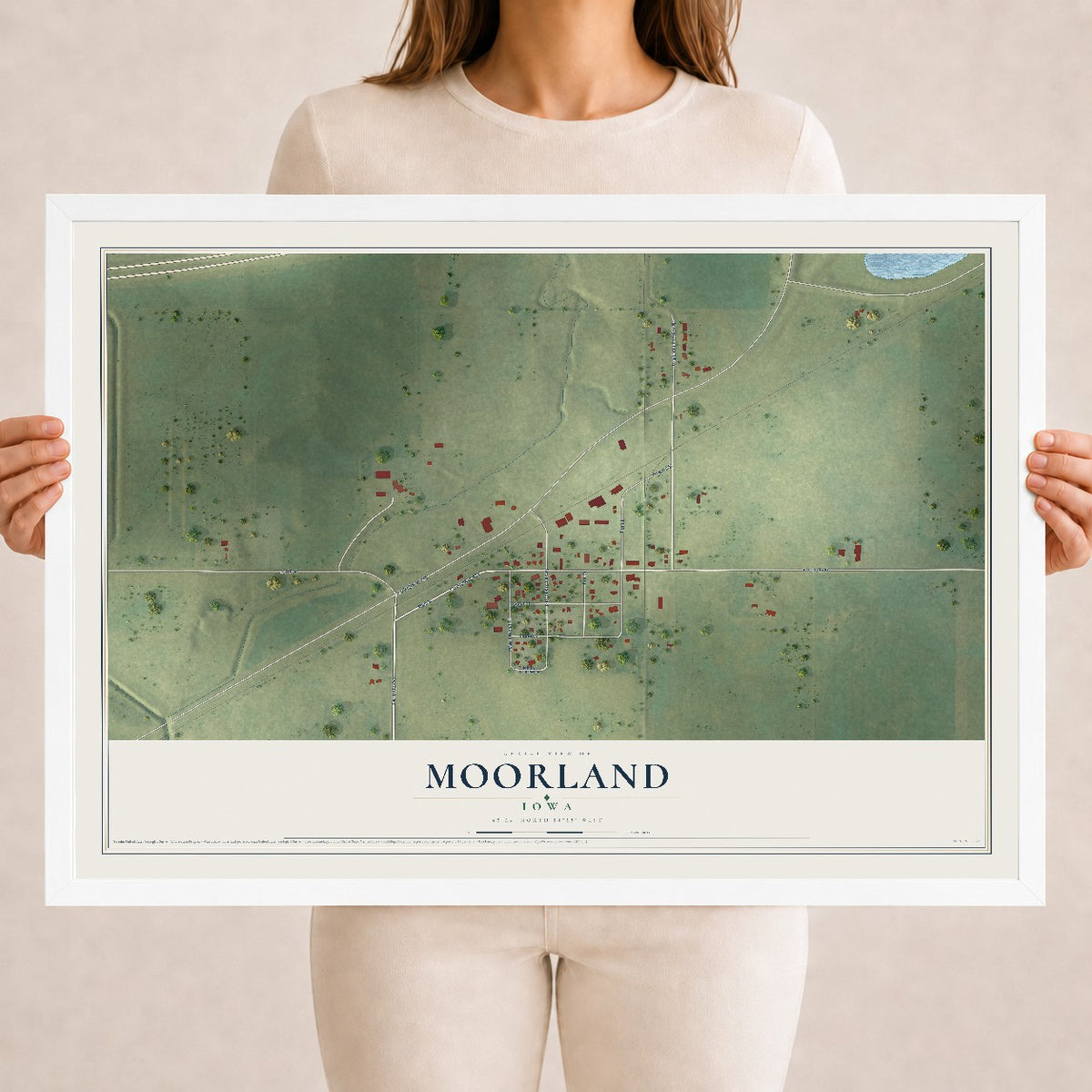 Map of Moorland, Iowa, 18 x 24 inch print in a white wood frame