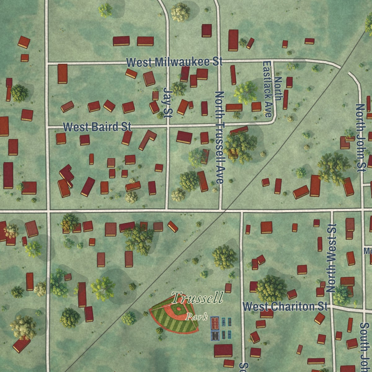 Close-up of the map of Moravia, Iowa print showing street and building detail