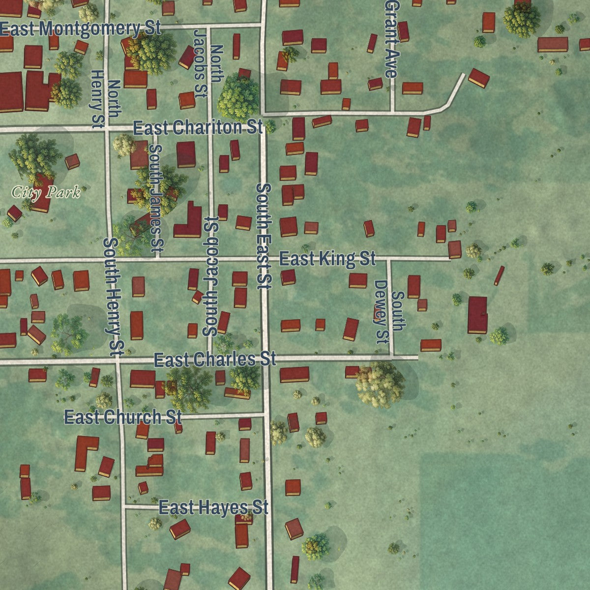 Second close-up of the map of Moravia, Iowa print showing more streets and buildings