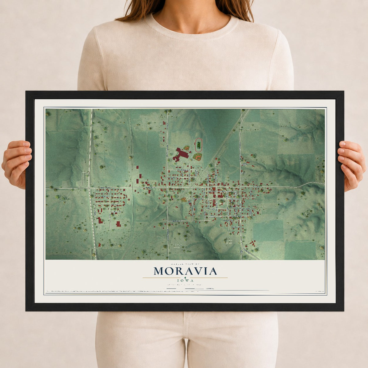 Map of Moravia, Iowa, 12 x 18 inch print in a black wood frame
