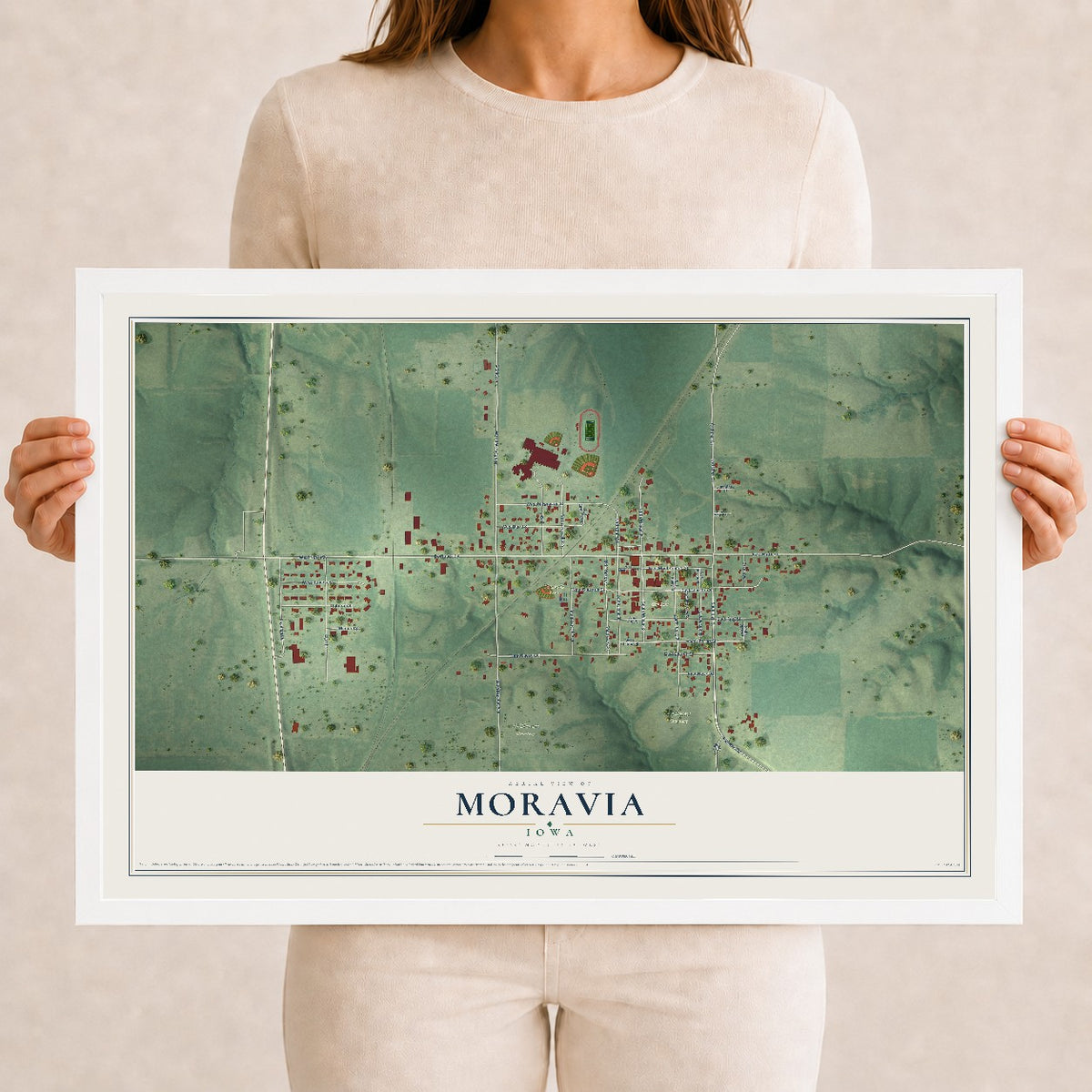 Map of Moravia, Iowa, 12 x 18 inch print in a white wood frame