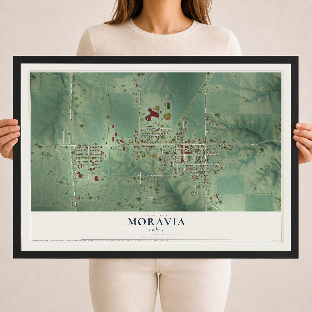 Map of Moravia, Iowa, 18 x 24 inch print in a black wood frame