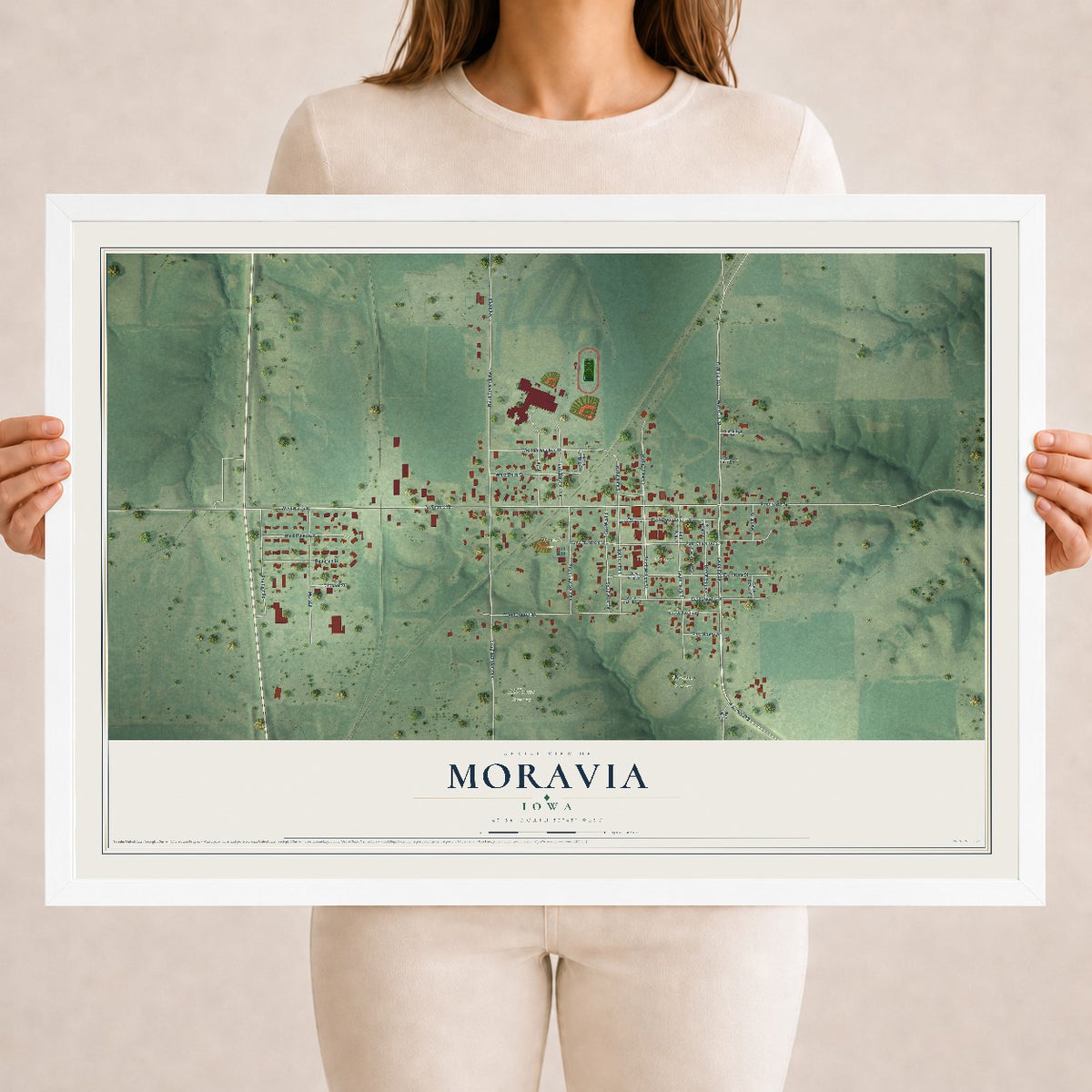 Map of Moravia, Iowa, 18 x 24 inch print in a white wood frame