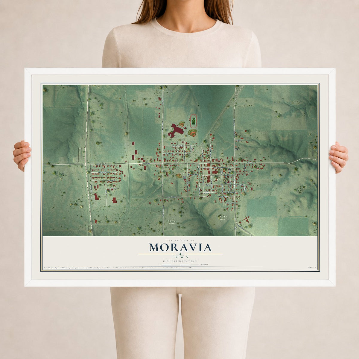 Map of Moravia, Iowa, 24 x 36 inch print in a white wood frame