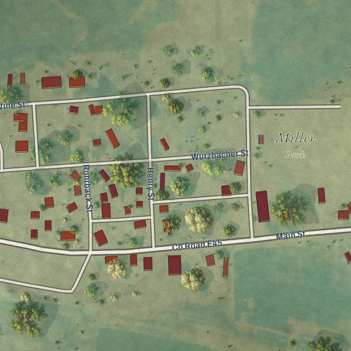 Close-up of the map of Morley, Iowa print showing street and building detail