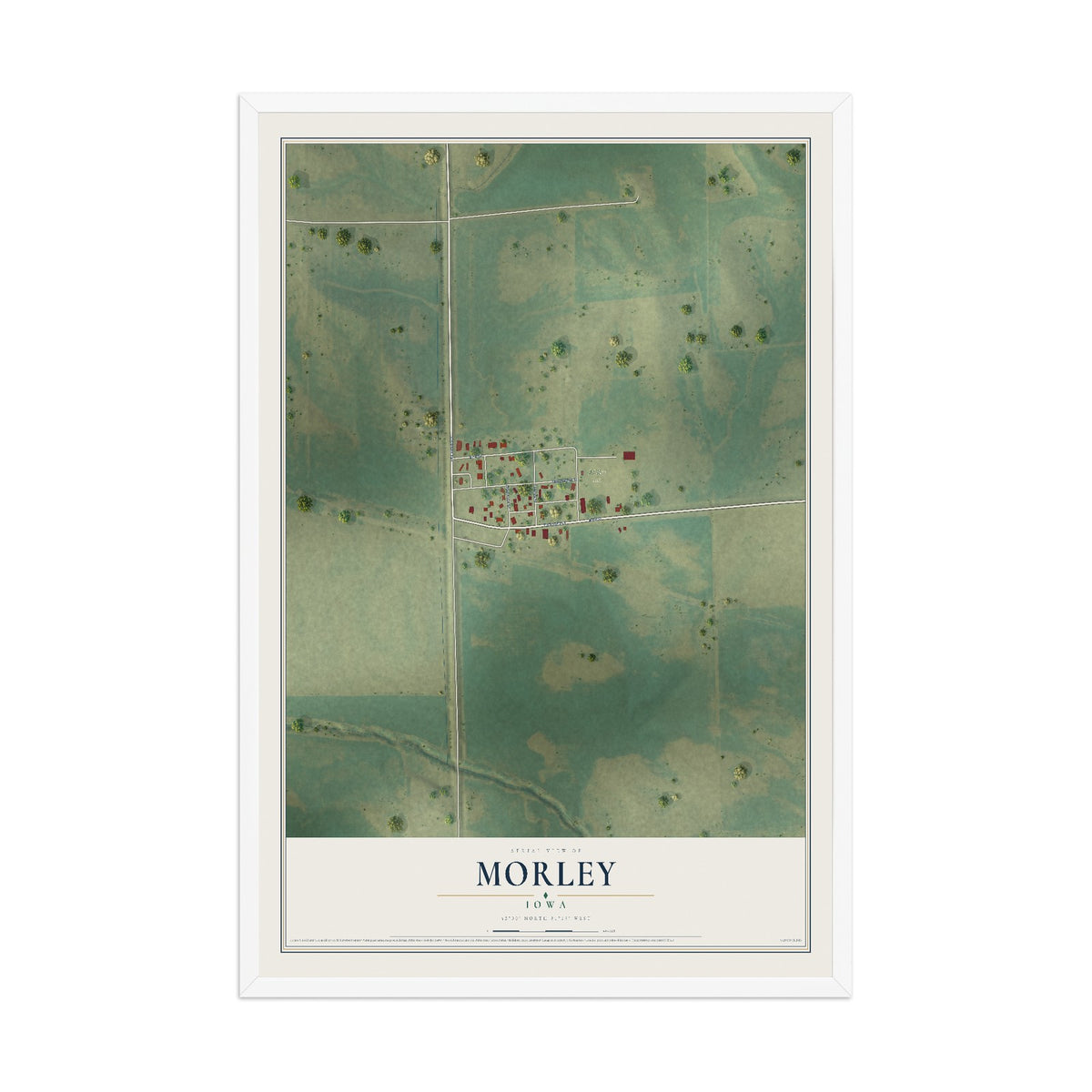 Map of Morley, Iowa, 12 x 18 inch print in a white wood frame