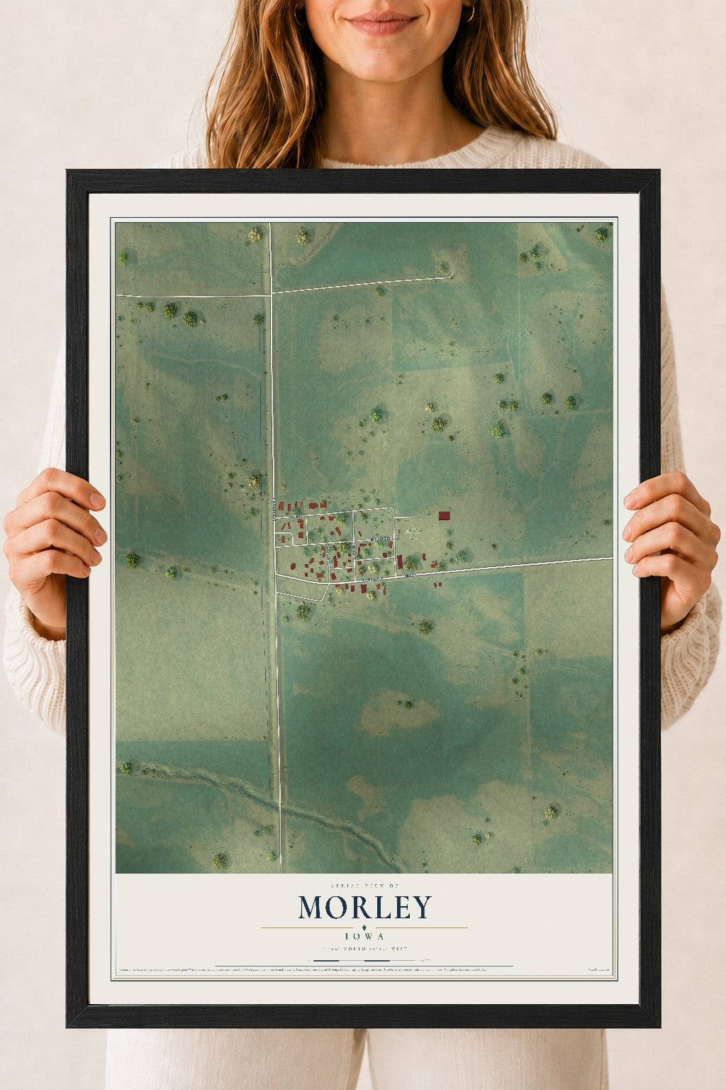 Map of Morley, Iowa, 18 x 24 inch print in a black wood frame
