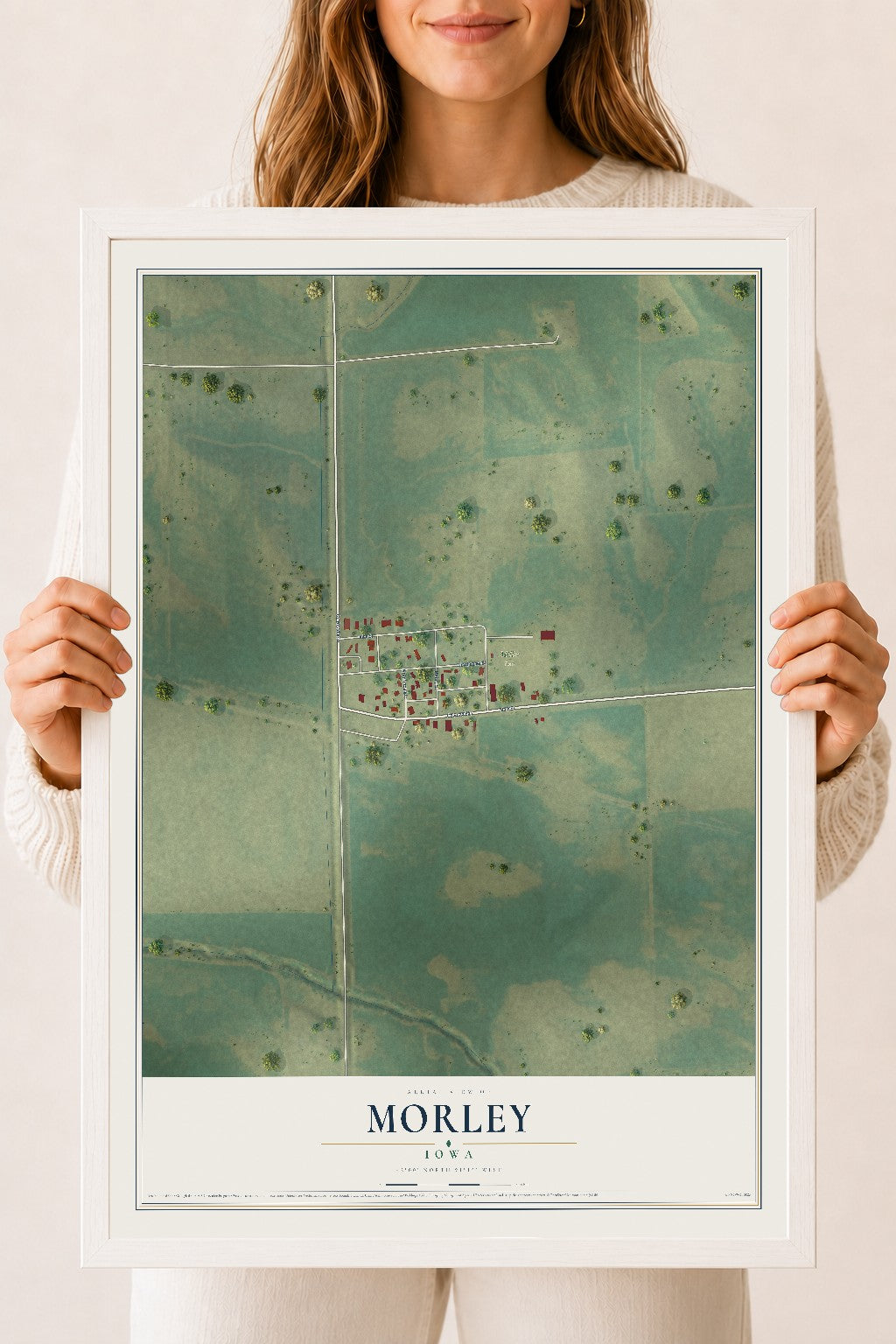 Map of Morley, Iowa, 18 x 24 inch print in a white wood frame