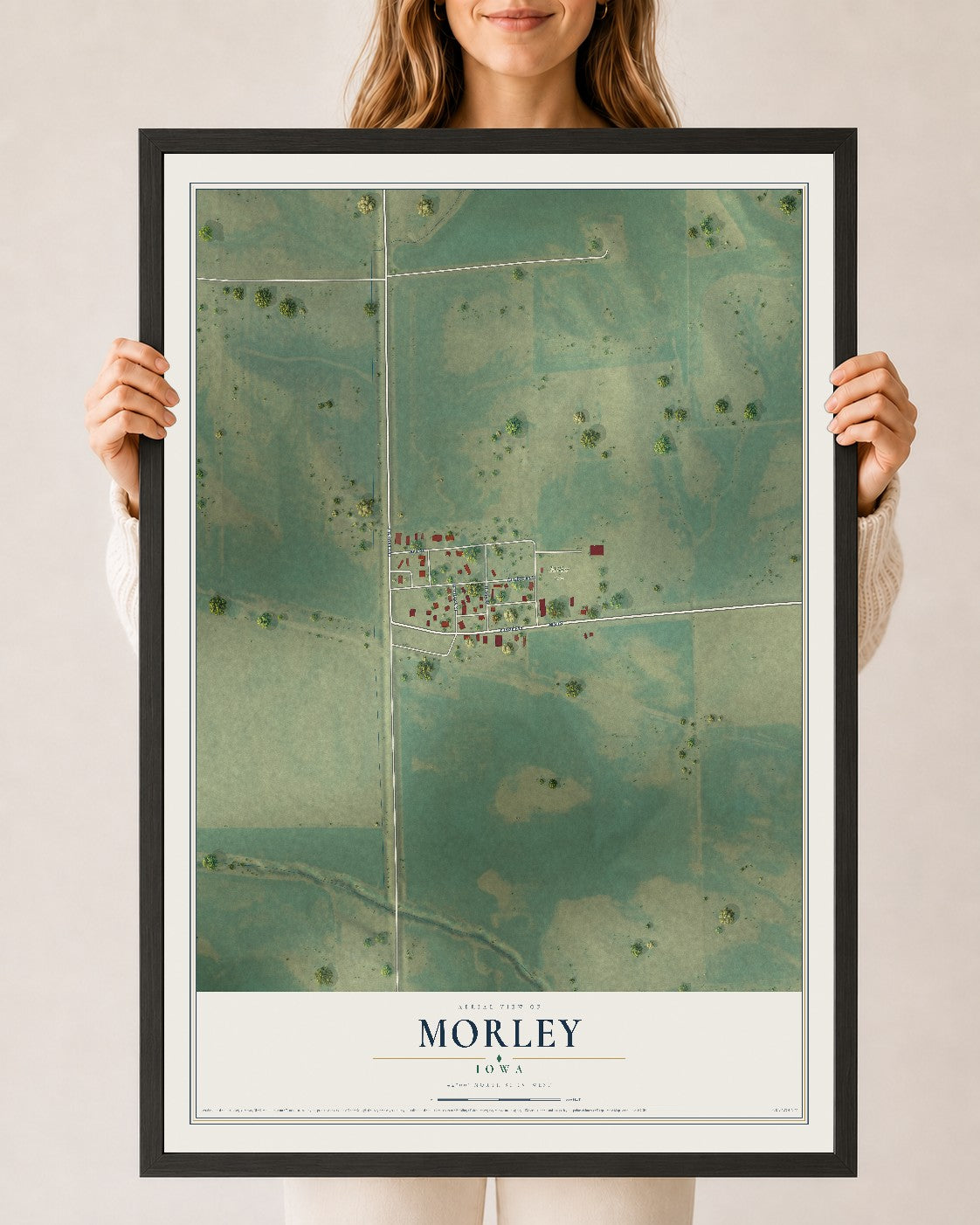 Map of Morley, Iowa, 24 x 36 inch print in a black wood frame