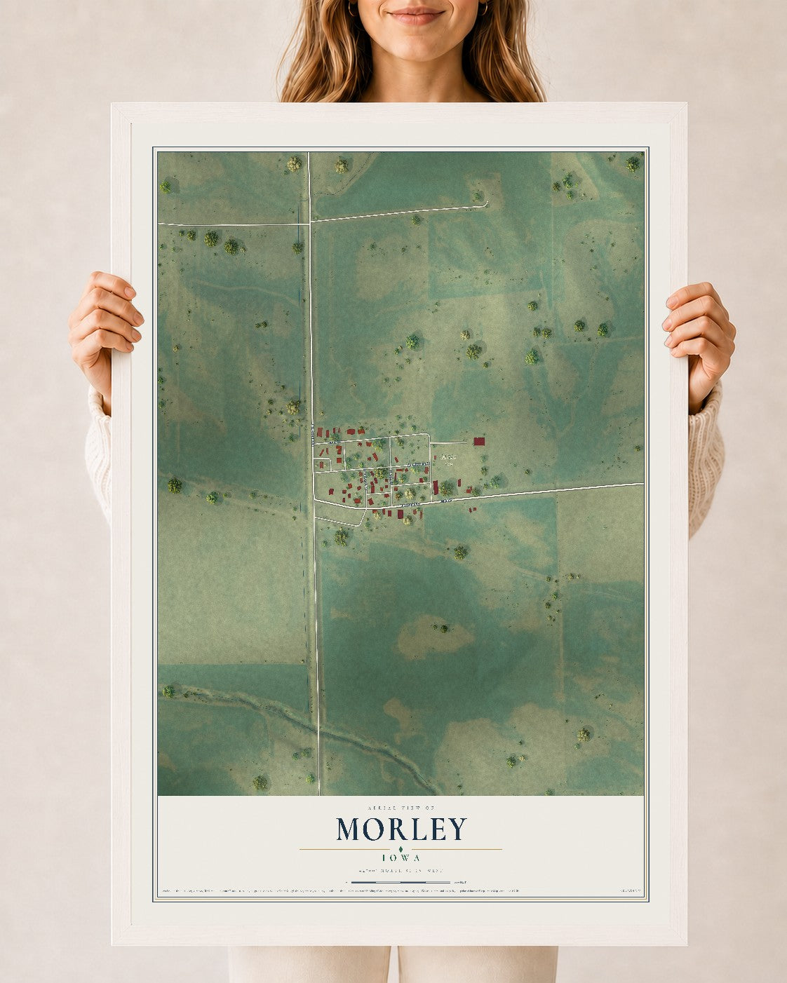 Map of Morley, Iowa, 24 x 36 inch print in a white wood frame