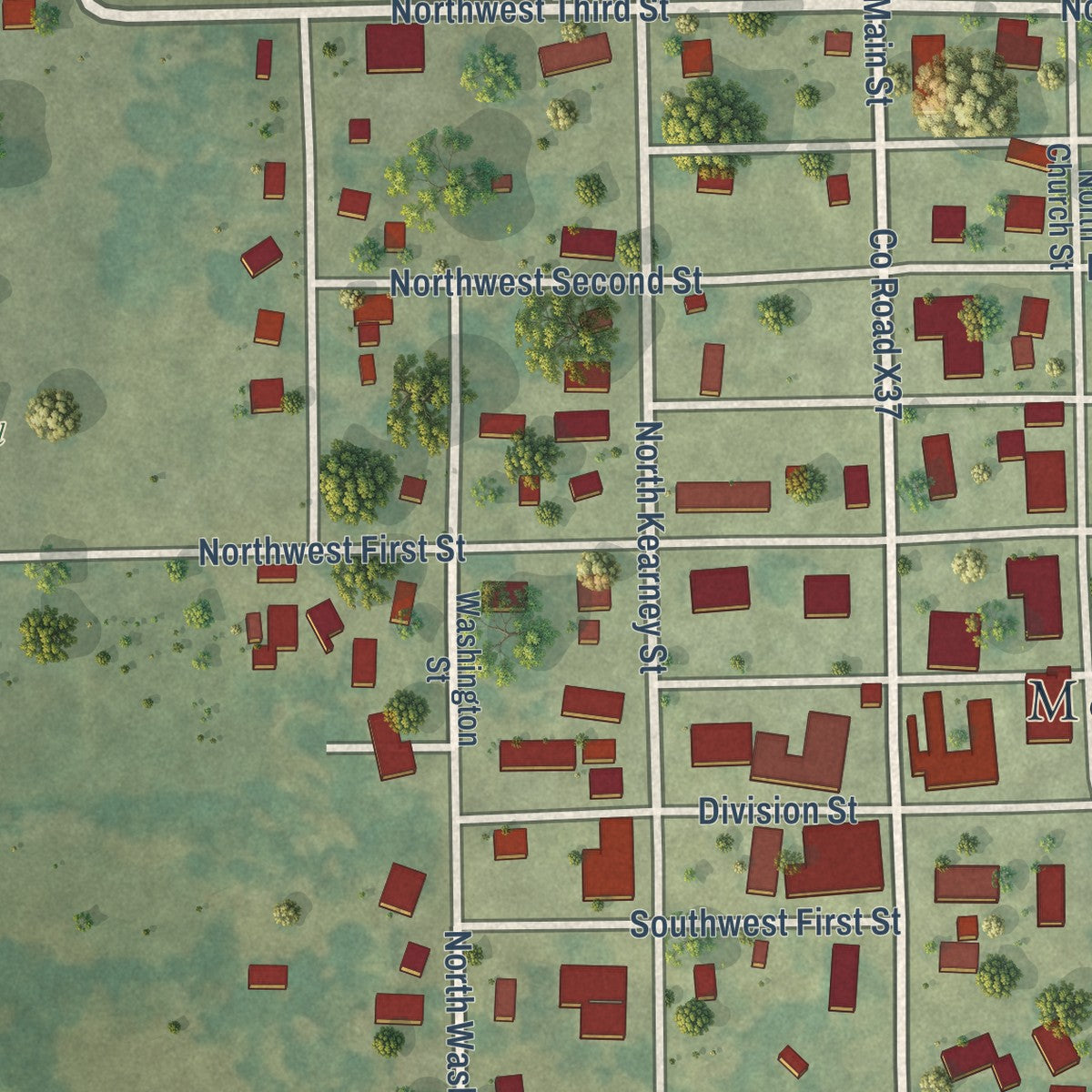 Close-up of the map of Morning Sun, Iowa print showing street and building detail