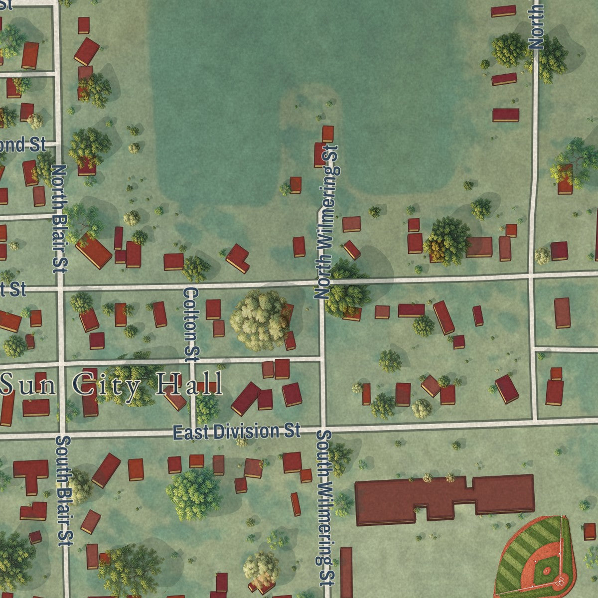 Second close-up of the map of Morning Sun, Iowa print showing more streets and buildings