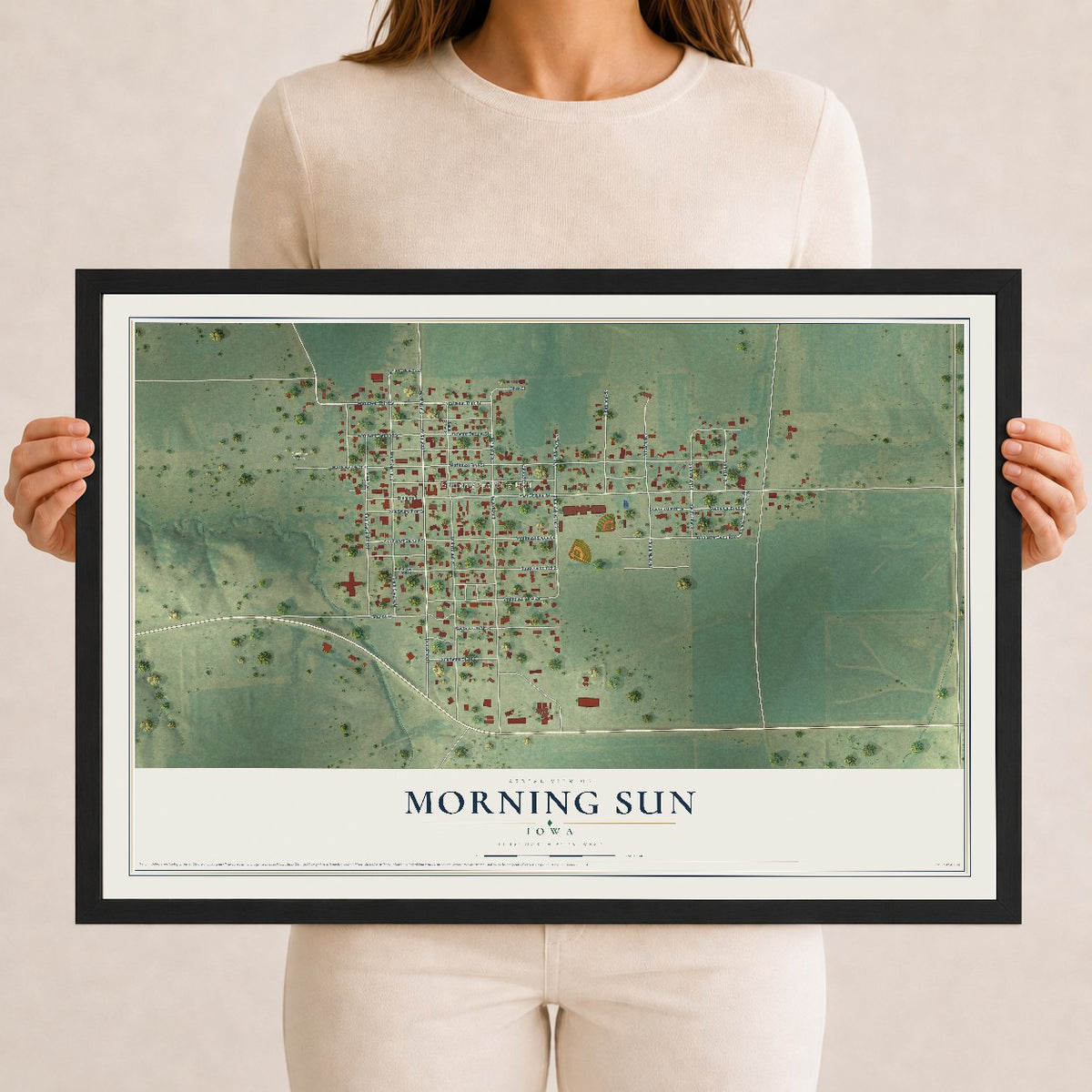 Map of Morning Sun, Iowa, 12 x 18 inch print in a black wood frame