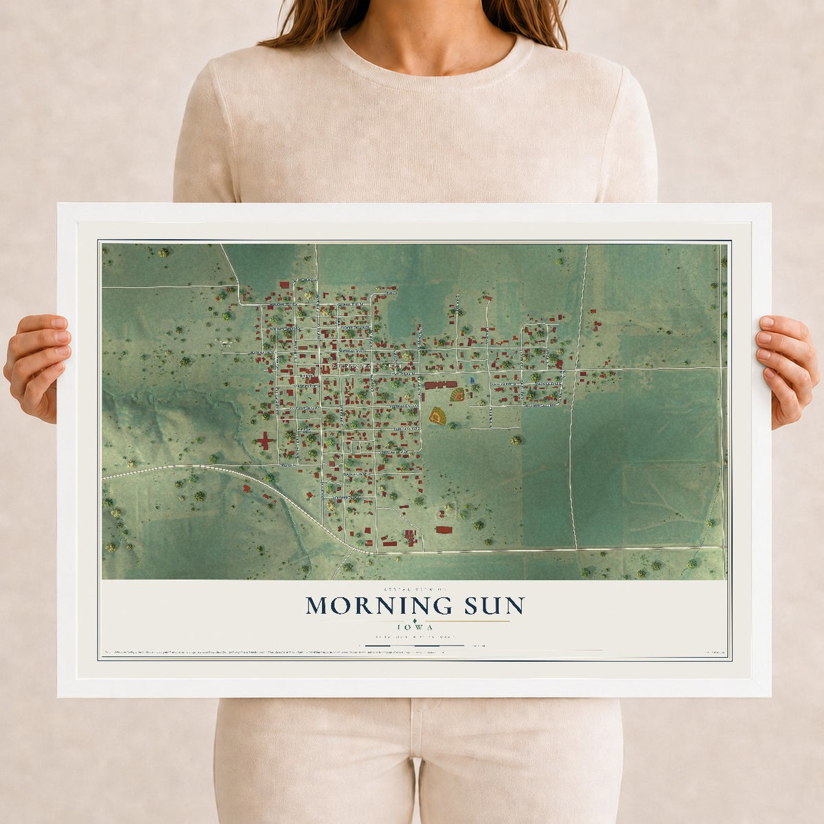 Map of Morning Sun, Iowa, 12 x 18 inch print in a white wood frame