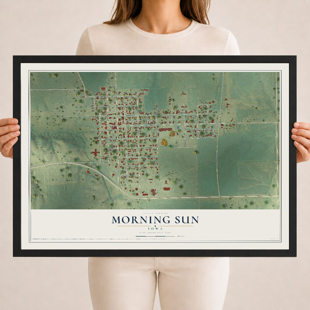 Map of Morning Sun, Iowa, 18 x 24 inch print in a black wood frame