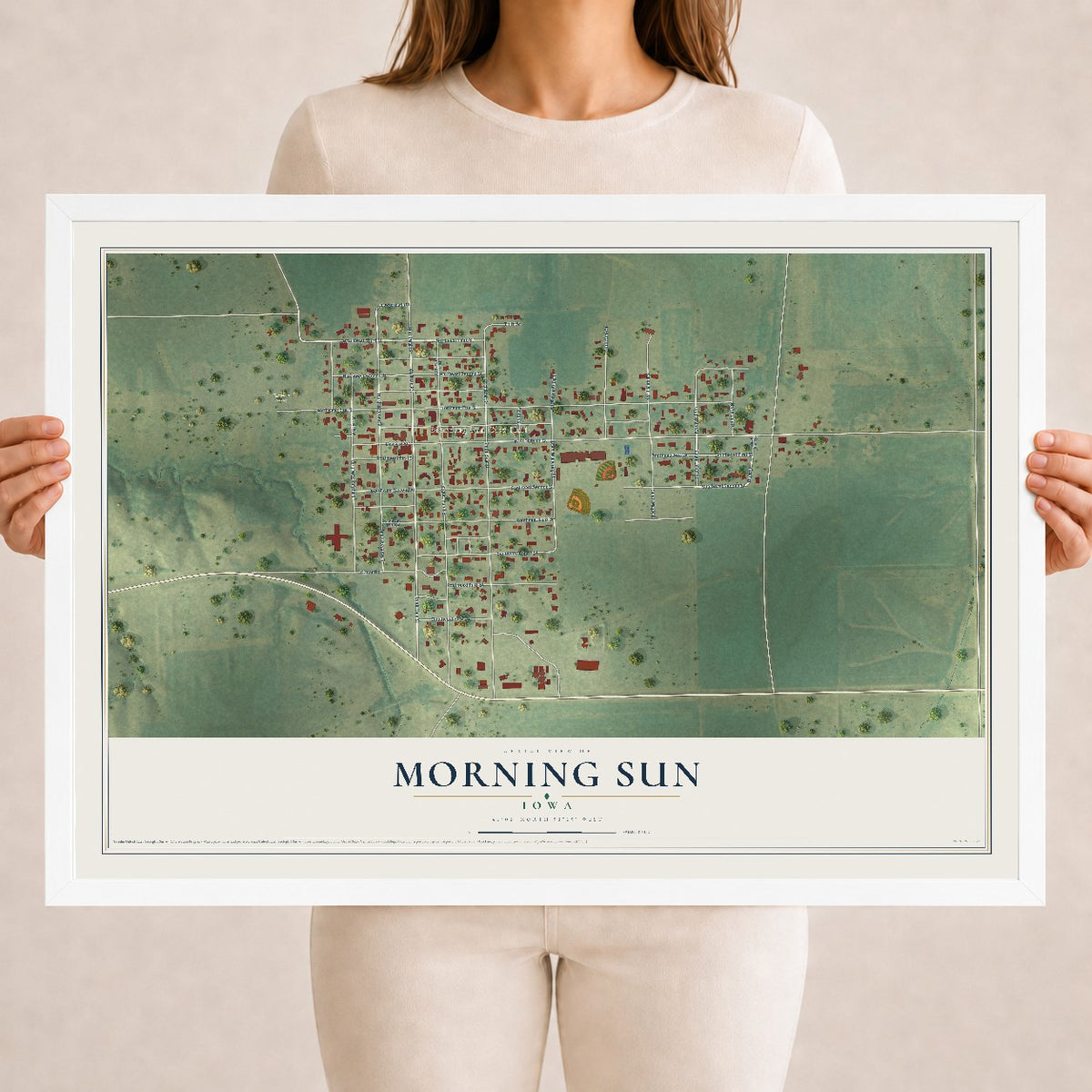 Map of Morning Sun, Iowa, 18 x 24 inch print in a white wood frame